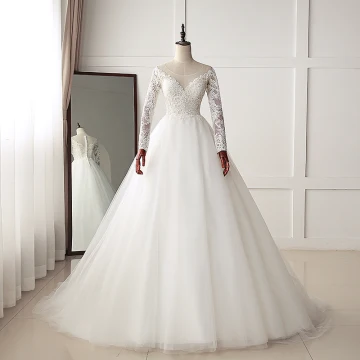 Chic Beautiful Ivory Wedding Dresses 2019 A Line Princess Scoop Neck Buttons Lace Flower Long Sleeve Sweep Train