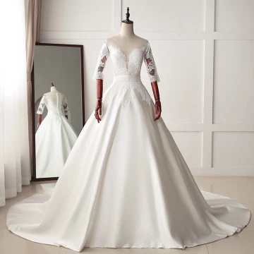 Classic Ivory Wedding Dresses 2019 A Line Princess Scoop Neck Lace Flower 1 2 Sleeves Chapel Train