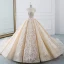 Luxury / Gorgeous Champagne Wedding Dresses 2019 A-Line / Princess High Neck Beading Pearl Crystal Lace Flower Sleeveless Backless Cathedral Train
