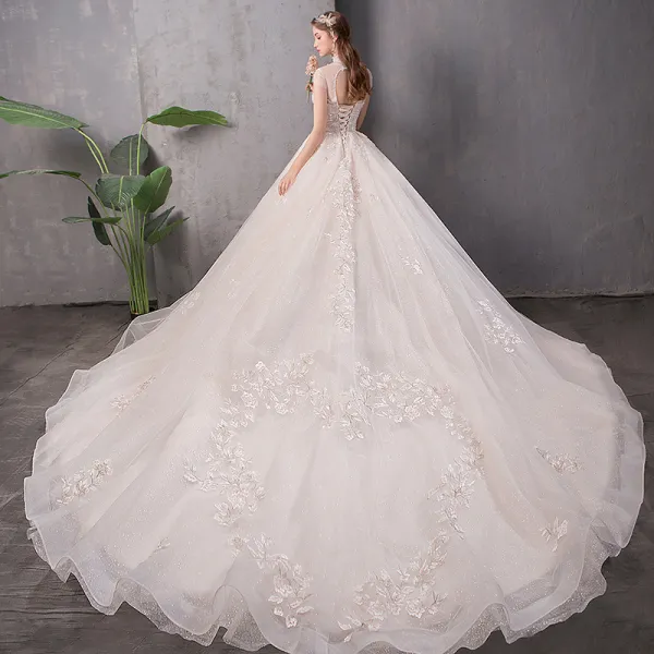 Chic / Beautiful Champagne Wedding Dresses 2019 A-Line / Princess High Neck Appliques Lace Flower Beading Pearl Sequins Cap Sleeves Backless Cathedral Train