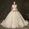 Charming Champagne Wedding Dresses 2019 A-Line / Princess See-through Deep V-Neck Lace Flower Appliques Sleeveless Backless Cathedral Train
