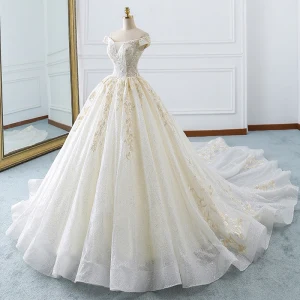 Élégant Champagne Robe De Mariée 2019 Princesse De L 039 Épaule Paillettes En Dentelle Fleur Manches Courtes Dos Nu Cathedral Train