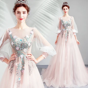 Elegant Blushing Pink Prom Dresses 2019 A Line Princess Scoop Neck Embroidered Appliques Pearl Rhinestone 3 4 Sleeve Sweep Train Formal Dresses