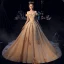 Luxury / Gorgeous Champagne Wedding Dresses 2019 A-Line / Princess Off-The-Shoulder Lace Flower Appliques Crystal Pearl Rhinestone Sequins Short Sleeve Backless Cathedral Train