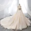 Chic / Beautiful Champagne Wedding Dresses 2019 A-Line / Princess Scoop Neck Lace Flower Appliques Beading Pearl Sequins Long Sleeve Backless Cathedral Train