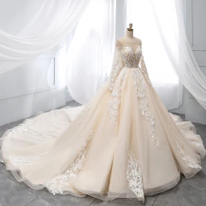 Chic Belle Champagne Robe De Mariée 2019 Princesse Encolure Dégagée En Dentelle Fleur Appliques Perlage Perle Paillettes Manches Longues Dos Nu Cathedral Train