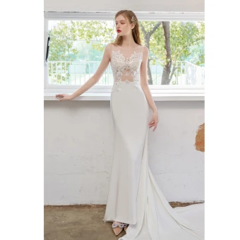 Simple Ivoire Robe De Mariée 2021 Trompette Sirène Encolure Dégagée En Dentelle Fleur Sans Manches Dos Nu Tribunal Train Mariage