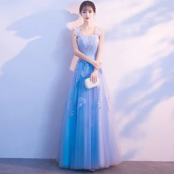 Chic Beautiful Sky Blue Evening Dresses 2018 A Line Princess Appliques Shoulders Backless Sleeveless Floor Length Long Formal Dresses