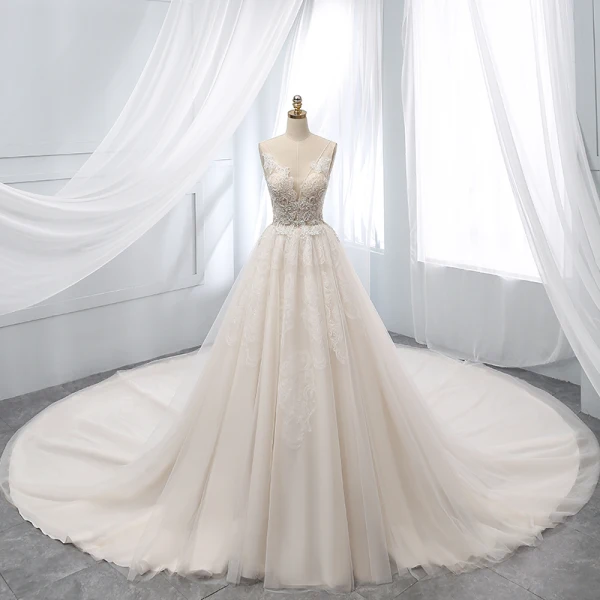 Chic / Beautiful Champagne Wedding Dresses 2019 A-Line / Princess Deep V-Neck Beading Lace Flower Short Sleeve Backless Chapel Train