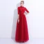 Chinese style Burgundy Evening Dresses  2019 A-Line / Princess High Neck Lace Flower Crystal Sequins Bow 1/2 Sleeves Backless Floor-Length / Long Formal Dresses