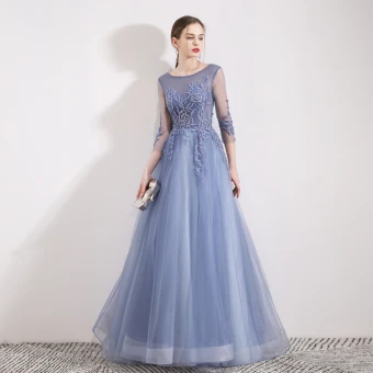 Chic Belle Bleu Ciel Robe De Soirée 2019 Princesse Encolure Dégagée Perlage Paillettes En Dentelle Fleur 3 4 Manches Longue Robe De Ceremonie