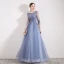 Chic / Beautiful Sky Blue Evening Dresses  2019 A-Line / Princess Scoop Neck Beading Sequins Lace Flower 3/4 Sleeve Floor-Length / Long Formal Dresses