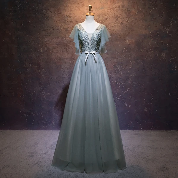 Elegant Sage Green Evening Dresses 2019 A-Line / Princess V-Neck Beading Sequins Lace Flower Bow Short Sleeve Backless Floor-Length / Long Formal Dresses