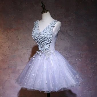 Eleganta Grå Festklänningar 2019 Prinsessa V Hals Appliqués Spets Blomma Ärmlös Halterneck Korta Formella Klänningar