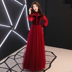Elegant Burgunder Selskapskjoler 2019 Prinsesse Høy Hals Suede Sløyfe Langermede Ryggløse Lange Formelle Kjoler