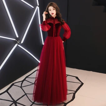 Elegant Burgundy Evening Dresses 2019 A Line Princess High Neck Suede Bow Long Sleeve Backless Floor Length Long Formal Dresses
