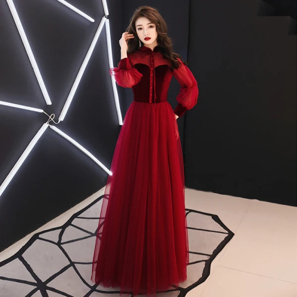 Élégant Bordeaux Robe De Soirée 2019 Princesse Col Haut Daim Noeud Manches Longues Dos Nu Longue Robe De Ceremonie