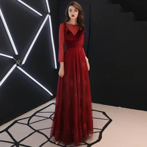Elegant Burgunder Selskapskjoler 2019 Prinsesse Scoop Halsen Suede Sløyfe Paljetter Langermede Ryggløse Lange Formelle Kjoler
