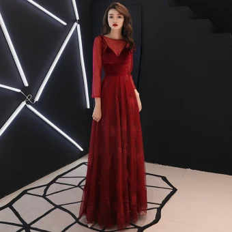 Élégant Bordeaux Robe De Soirée 2019 Princesse Encolure Dégagée Daim Noeud Paillettes Manches Longues Dos Nu Longue Robe De Ceremonie
