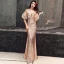 Sparkly Gold Evening Dresses  2019 Trumpet / Mermaid V-Neck Sequins Puffy Short Sleeve Backless Floor-Length / Long Formal Dresses