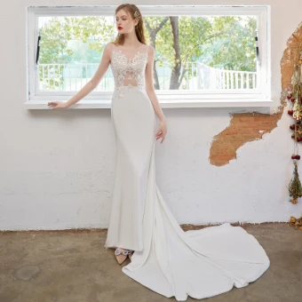 Simple Ivoire En Dentelle Fleur Robe De Mariée 2021 Trompette Sirène Encolure Dégagée Sans Manches Dos Nu Tribunal Train Mariage