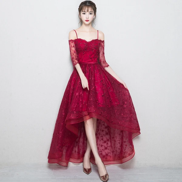 Chic / Belle Bordeaux Robe De Soirée 2018 Princesse En Dentelle Fleur Bretelles Spaghetti Dos Nu 3/4 Manches Asymétrique Robe De Ceremonie