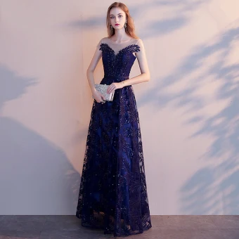 Chic Belle Bleu Marine Robe De Soirée 2019 Princesse Encolure Dégagée Perlage Paillettes En Dentelle Fleur Ceinture Manches Courtes Dos Nu Longue Robe De Ceremonie