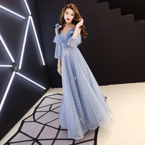 Chic Belle Bleu Ciel Robe De Soirée 2019 Princesse V Cou En Dentelle Fleur 1 2 Manches Dos Nu Longue Robe De Ceremonie