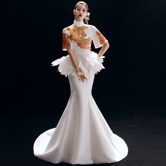 Style Chinois Vintage Originale Ivoire Robe De Soirée 2019 Trompette Sirène Col Haut Brodé 1 2 Manches Dos Nu Tribunal Train Robe De Ceremonie