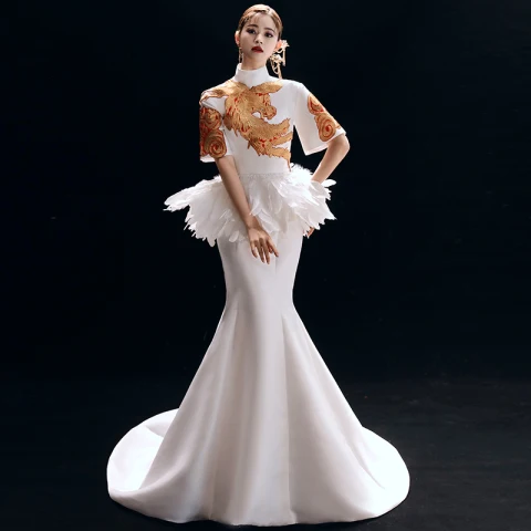 Chinesischer Stil Vintage Ivory / Creme Abendkleider 2019 Meerjungfrau Stehkragen Stickerei 1/2 Ärmel Rückenfreies Hof-Schleppe Festliche Kleider