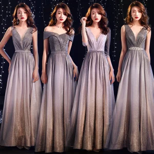 Charming Starry Sky Gradient Color Evening Dresses 2019 A Line Princess 1 2 Sleeves Backless Glitter Polyester Floor Length Long Formal Dresses