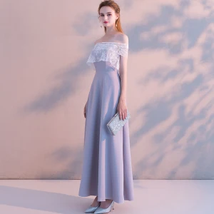 Elegant Lavender Evening Dresses 2019 A Line Princess Off The Shoulder Lace Short Sleeve Backless Floor Length Long Formal Dresses