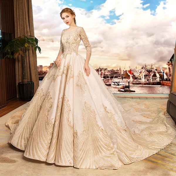 gold and champagne wedding dresses Sweet Floral Lace Strapless A-line Sheer Champagne Wedding Dress