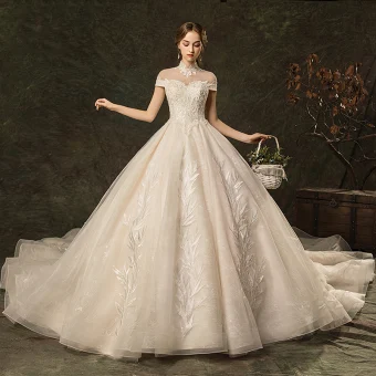Elegant Champagne Wedding Dresses 2019 A Line Princess High Neck Beading Lace Flower Cap Sleeves Backless Cathedral Train