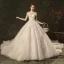 Élégant Champagne Robe De Mariée 2019 Princesse Col Haut Perlage En Dentelle Fleur Mancherons Dos Nu Cathedral Train
