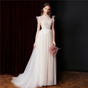 Vintage Originale Champagne En Dentelle Fleur Robe De Bal Robe De Mariée 2021 Princesse Col Haut Sans Manches Train De Balayage Robe De Ceremonie