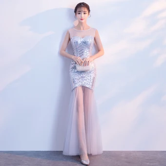 Sparkly Silver Evening Dresses 2018 Trumpet Mermaid Sequins Scoop Neck Backless Sleeveless Floor Length Long Formal Dresses