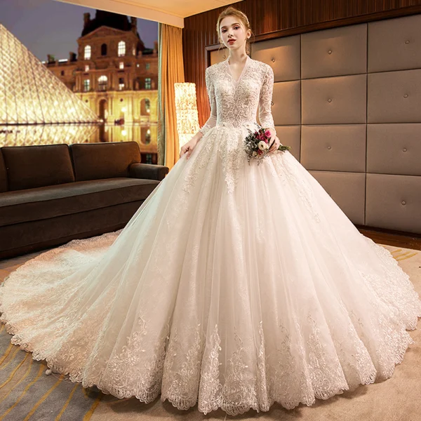 Luxury / Gorgeous Ivory Wedding Dresses 2019 A-Line / Princess V-Neck Beading Sequins Lace Flower Long Sleeve Backless Cathedral Train