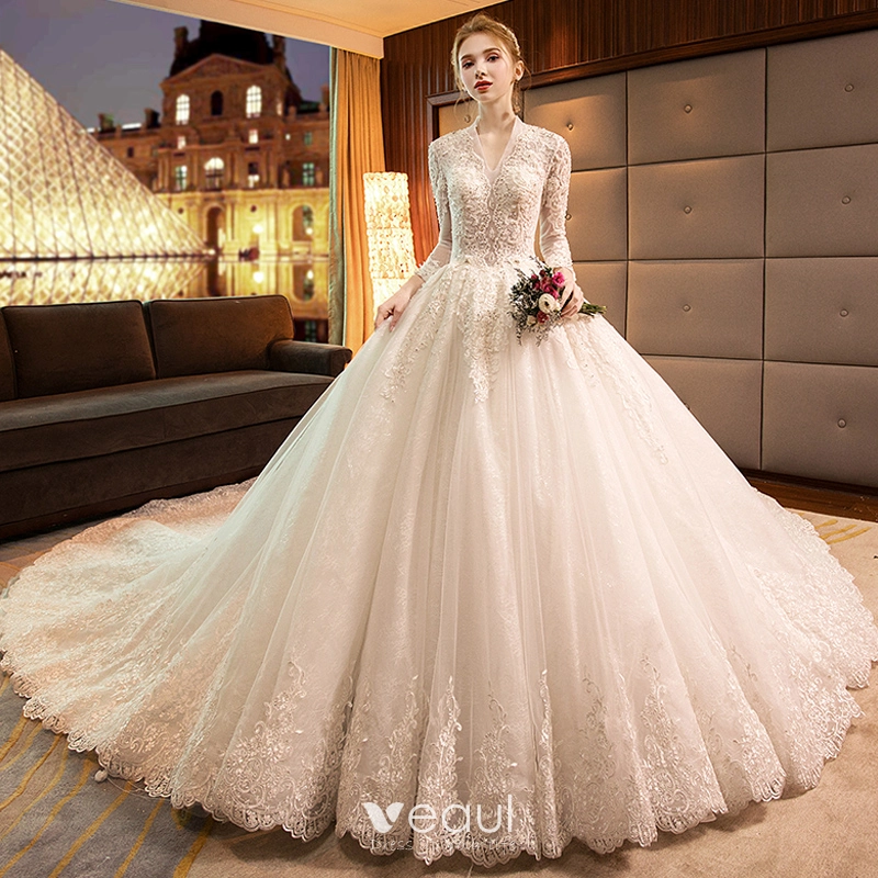 Luxury Gorgeous Ivory Wedding Dresses 2019 A Line Princess V Neck Beading Sequins Lace Flower Long Sleeve Backless Cathedral Train