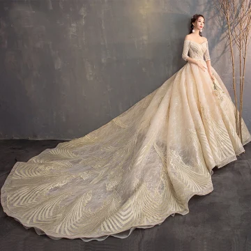 Charming Champagne Wedding Dresses 2019 A Line Princess Off The Shoulder Beading Crystal Pearl Sequins Lace Flower 1 2 Sleeves Backless Cathedral Train