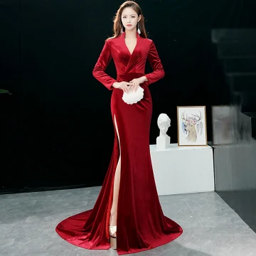 Chic Beautiful Burgundy Evening Dresses 2019 Trumpet Mermaid V Neck Suede Long Sleeve Split Front Court Train Formal Dresses