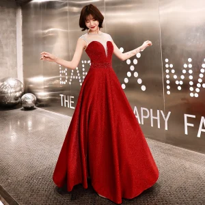 Charmant Bordeaux Robe De Soirée 2019 Princesse Encolure Dégagée Glitter Polyester Sans Manches Dos Nu Longue Robe De Ceremonie