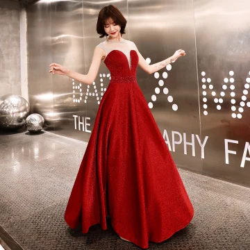 Charming Burgundy Evening Dresses 2019 A Line Princess Scoop Neck Glitter Polyester Sleeveless Backless Floor Length Long Formal Dresses