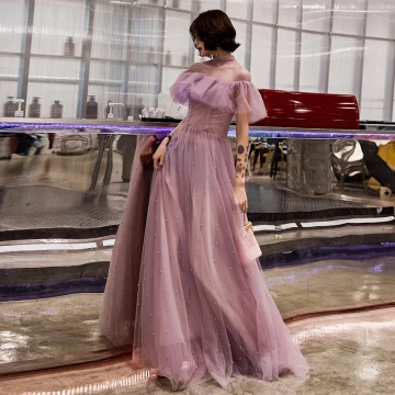 Chic Beautiful Blushing Pink Evening Dresses 2019 A Line Princess Scoop Neck Pearl Short Sleeve Backless Ruffle Floor Length Long Formal Dresses