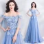Chic / Beautiful Sky Blue Evening Dresses  2019 A-Line / Princess Off-The-Shoulder Lace Flower Pearl Rhinestone Short Sleeve Backless Floor-Length / Long Formal Dresses
