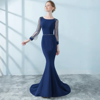 Chic Belle Bleu Marine Robe De Soirée 2018 Trompette Sirène Perlage Gland 3 4 Manches Encolure Dégagée Train De Balayage Robe De Ceremonie