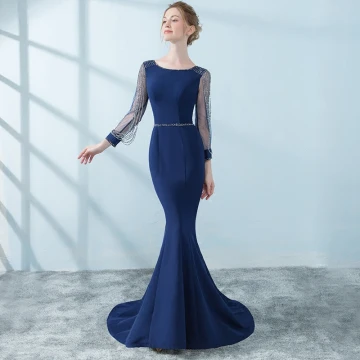 Chic Belle Bleu Marine Robe De Soirée 2018 Trompette Sirène Perlage Gland 3 4 Manches Encolure Dégagée Train De Balayage Robe De Ceremonie
