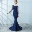 Chic / Belle Bleu Marine Robe De Soirée 2018 Trompette / Sirène Perlage Gland 3/4 Manches Encolure Dégagée Train De Balayage Robe De Ceremonie