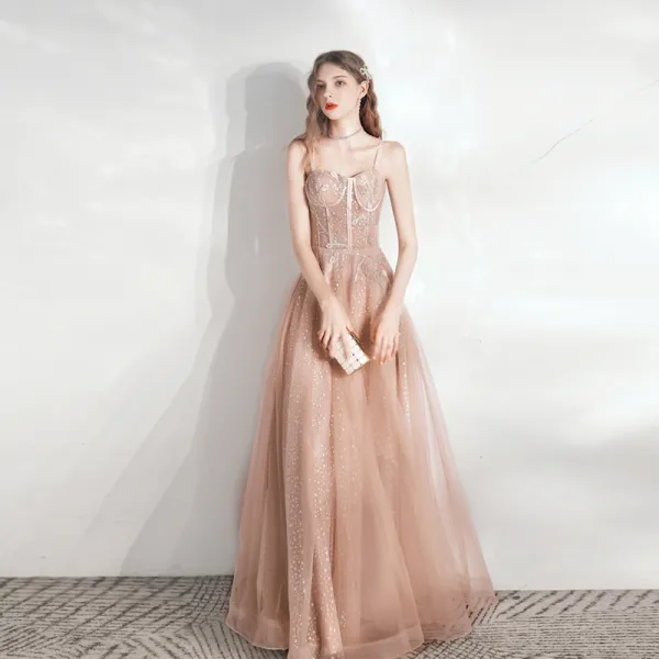 Chic / Beautiful Champagne Prom Dresses 2021 A-Line / Princess Spaghetti Straps Beading Lace Flower Sleeveless Backless Floor-Length / Long Formal Dresses