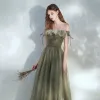 Moda Koniczyna Zielony Sukienki Na Bal 2021 Princessa Przy Ramieniu Kótkie Rękawy Bez Pleców Długie Bal Sukienki Wizytowe